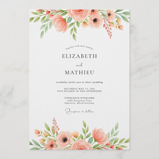 Coral Floral Whimsy Wedding Invitation (Front)