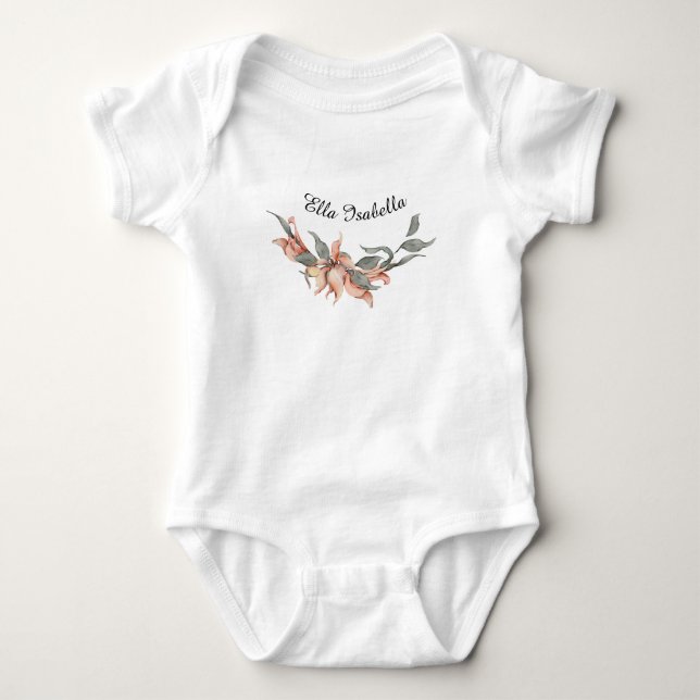 Coral Floral Wreath Personalised Name  Baby Bodysuit (Front)