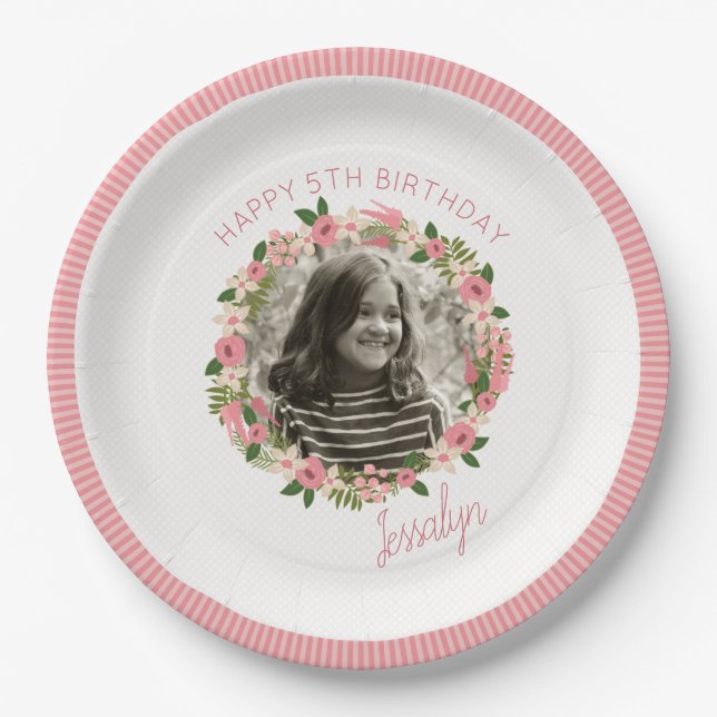Coral Floral Wreath Personalised w/ Photo Paper Plate (Front)