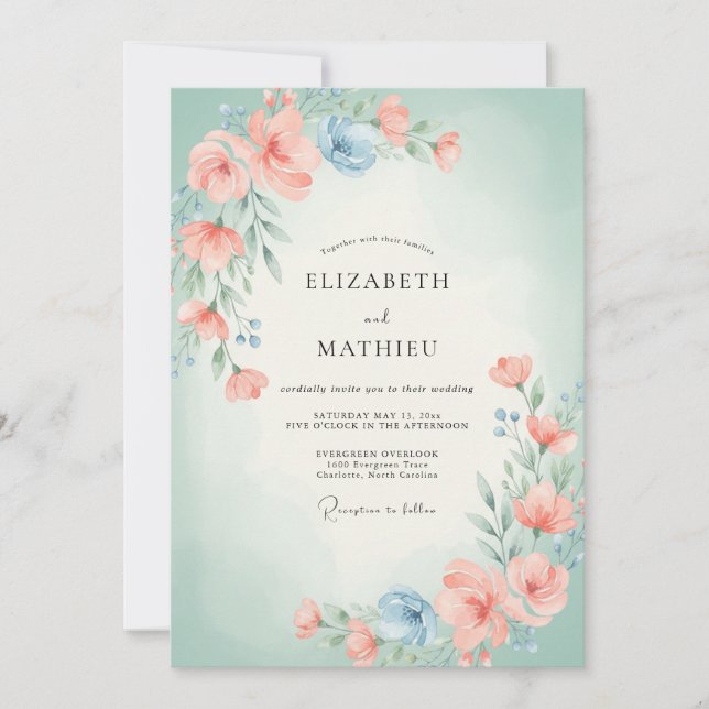 Coral Floral Wreath Wedding Invitation (Front)