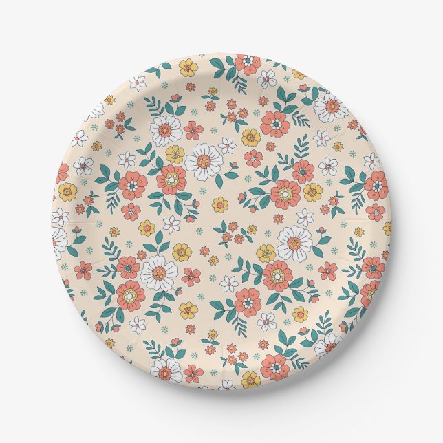Coral Flower Garden Pattern Paper Plate (Front)