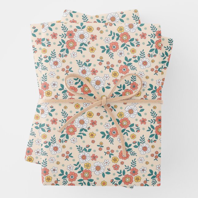 Coral Flower Garden Pattern Wrapping Paper Sheet (In situ)