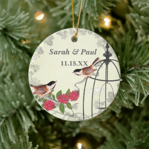 Coral Flower Vintage Bird Save the Date Bird Cage Ceramic Tree Decoration