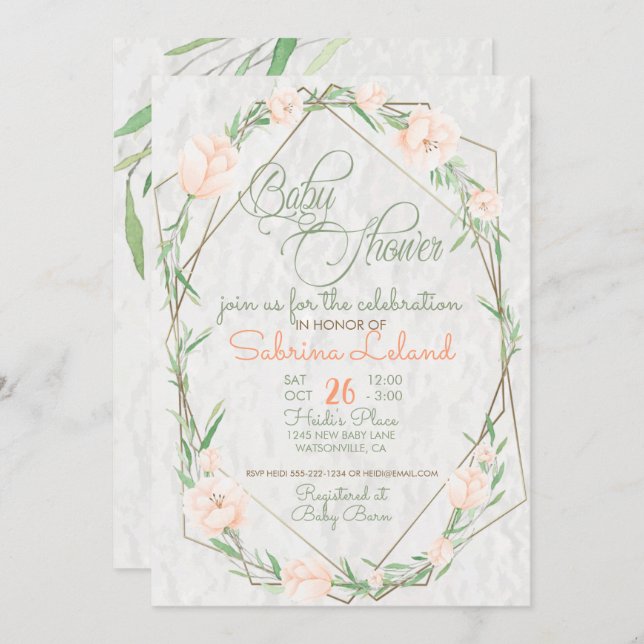 Coral Flowers Greenery Terrarium  Baby Shower Invitation (Front/Back)