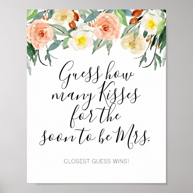 Coral Flowers Guess How Many Kisses Bridal Shower Poster (Front)