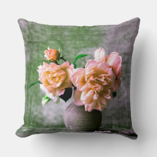 Coral Flowers in Grey Vase Pink Orange Cushion