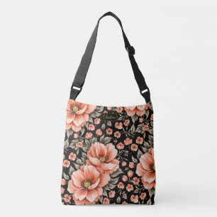 Coral Flowers on Black Crossbody Bag