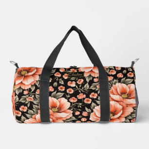 Coral Flowers on Black Duffle Bag