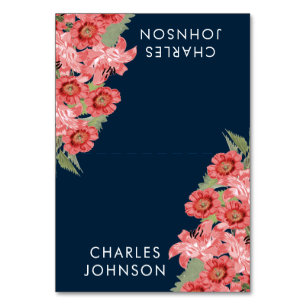 Coral Flowers on Navy Blue Wedding   Place Cards