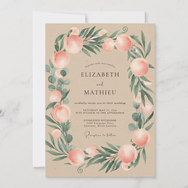Coral Foliage Beige Eucalyptus Wedding Invitation (Front)