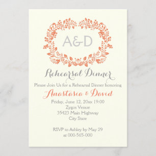 Coral foliage initials wedding rehearsal dinner invitation