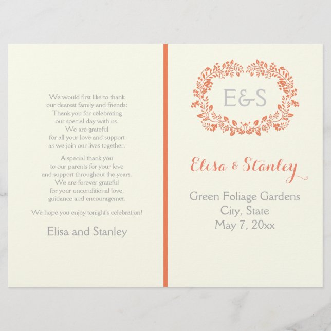 Coral foliage wreath frame wedding program (Front)