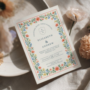 Coral Folk Floral Cottage Garden Wedding Invitation