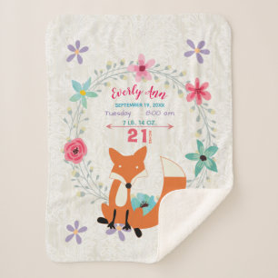 Coral Fox Baby Girl Stats Watercolor Wreath Sherpa Blanket