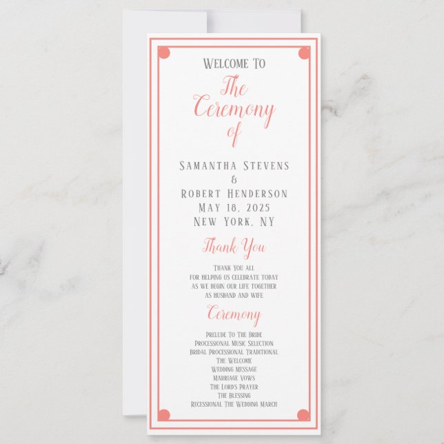 Coral Frame Wedding Ceremony Information Card (Front)