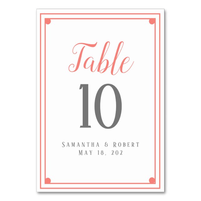 Coral Frame Wedding Reception Table Number Card (Front)