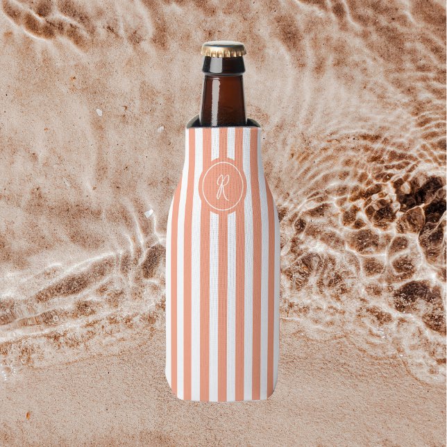 Coral French Beach Stripe Personalised Monogram Bottle Cooler (Creator Uploaded)