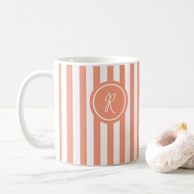 Coral French Beach Stripe Personalised Monogram Coffee Mug (With Donut)