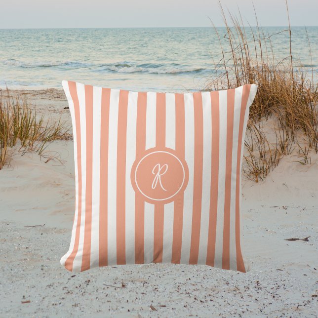 Coral French Beach Stripe Personalised Monogram Cushion (Creator Uploaded)