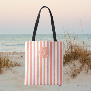 Coral French Beach Stripe Personalised Monogram Tote Bag