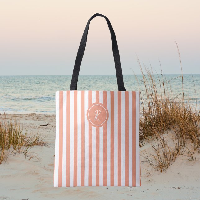 Coral French Beach Stripe Personalised Monogram Tote Bag (Creator Uploaded)