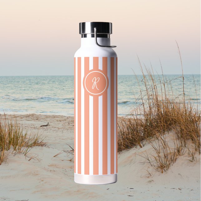 Coral French Beach Stripe Personalised Monogram Water Bottle (Creator Uploaded)