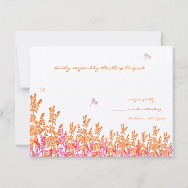 Coral & Fuchia Wild Flower Bee Wedding RSVP (Front)
