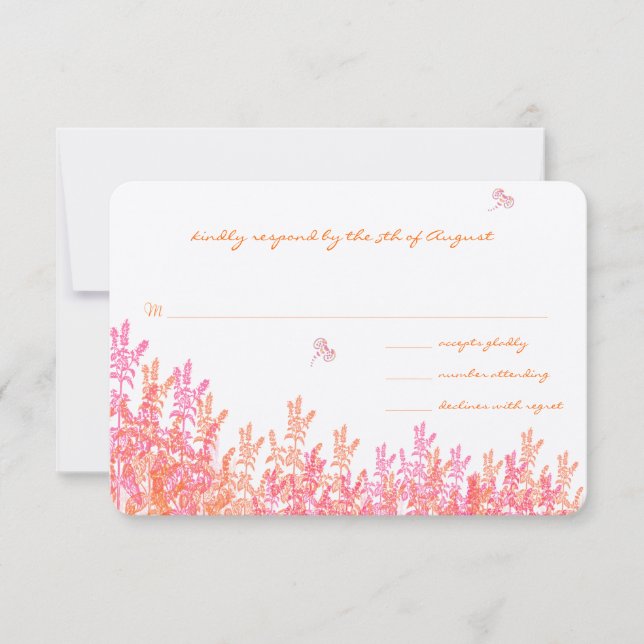 Coral & Fuchia Wild Flower Bee Wedding RSVP Card (Front)