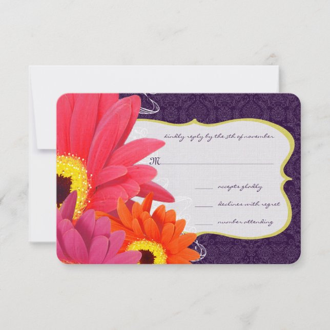 Coral Fuchsia Eggplant Gerber Daisy Wedding RSVP Card (Front)
