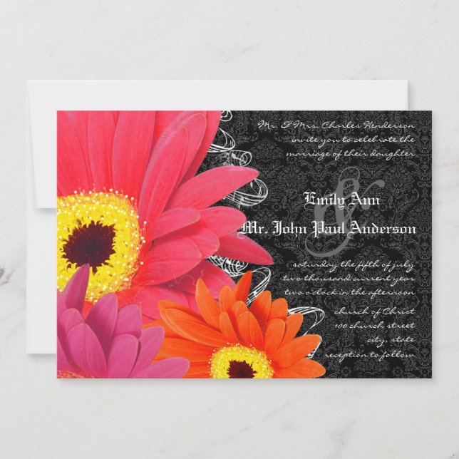 Coral & Fuchsia Gerber Daisy Wedding Invitation (Front)
