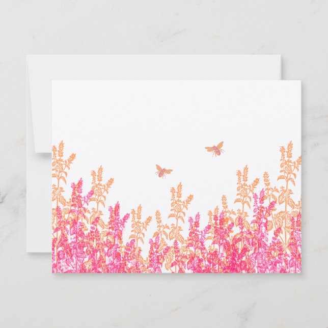 Coral & Fuchsia Wild Flower Bee Wedding RSVP Card (Front)