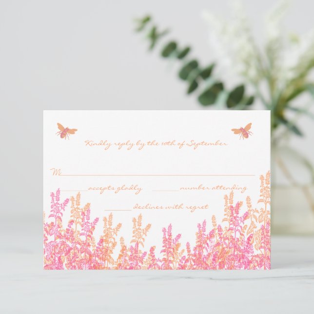 Coral & Fuchsia Wild Flower Bee Wedding RSVP Card (Standing Front)