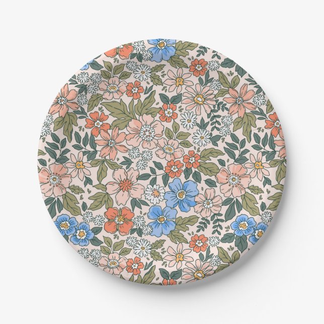 Coral Garden Flower Pattern Paper Plate (Front)