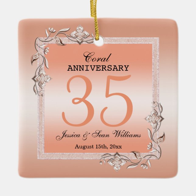  Coral Gem & Glitter 35th Wedding Anniversary   Ceramic Ornament (Front)