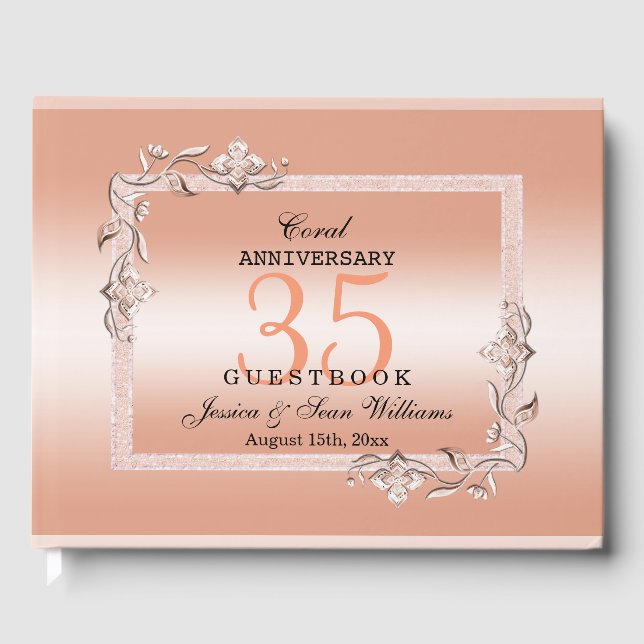  Coral Gem & Glitter 35th Wedding Anniversary  Guest Book (Front)