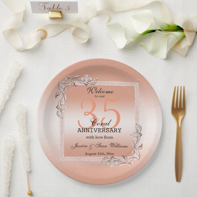  Coral Gem & Glitter 35th Wedding Anniversary  Paper Plate (Wedding)