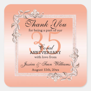 Coral Gem & Glitter 35th Wedding Anniversary  Square Sticker