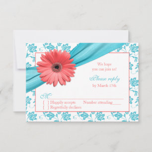 Coral Gerber Daisy Aqua Damask Floral Wedding RSVP Card