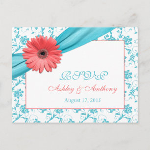 Coral Gerber Daisy Aqua Damask Floral Wedding RSVP Invitation Postcard