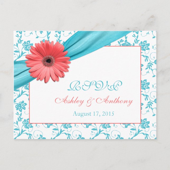 Coral Gerber Daisy Aqua Damask Floral Wedding RSVP Invitation Postcard (Front)