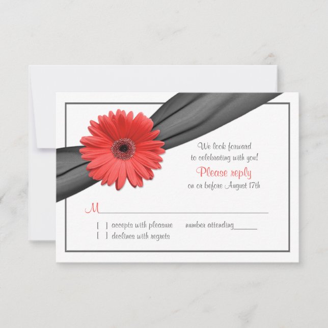 Coral Gerber Daisy Grey Ribbon Wedding RSVP Card (Front)
