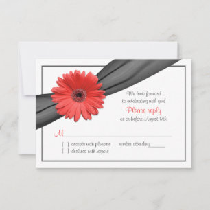 Coral Gerber Daisy Grey Ribbon Wedding RSVP Card