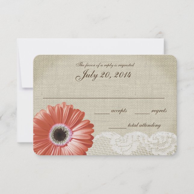 Coral Gerbera Daisy and Lace Wedding Response Card (Front)