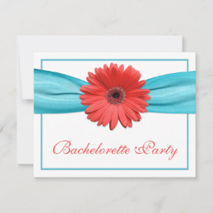 Coral Gerbera Daisy Aqua Ribbon Bachelorette Party Invitation