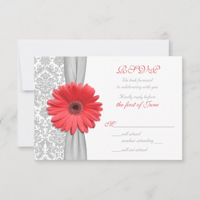 Coral Gerbera Daisy Grey Damask Wedding RSVP Card (Front)