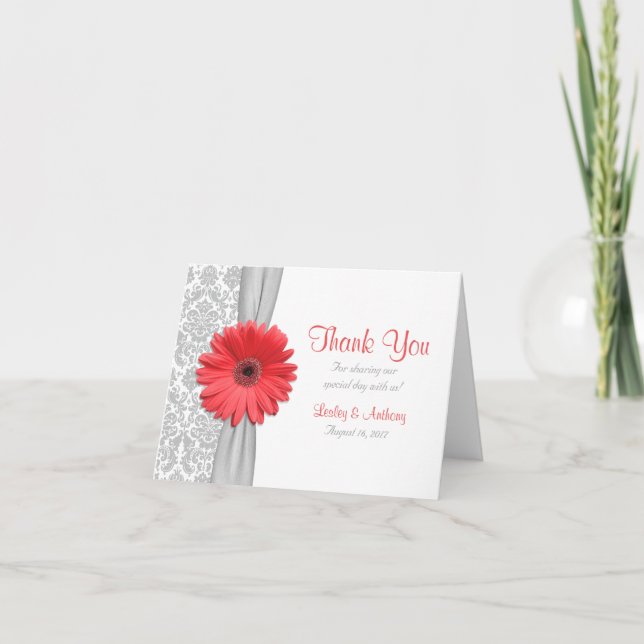 Coral Gerbera Daisy Grey Damask Wedding Thank You Card (Front)