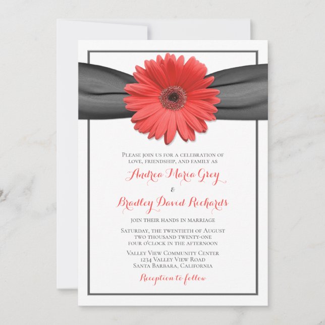 Coral Gerbera Daisy Grey Ribbon Invitation (Front)
