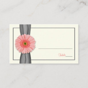 Coral Gerbera Daisy Grey Ribbon Wedding Place Card