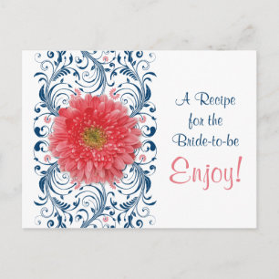 Coral Gerbera Daisy Navy Recipe Card Bridal Shower
