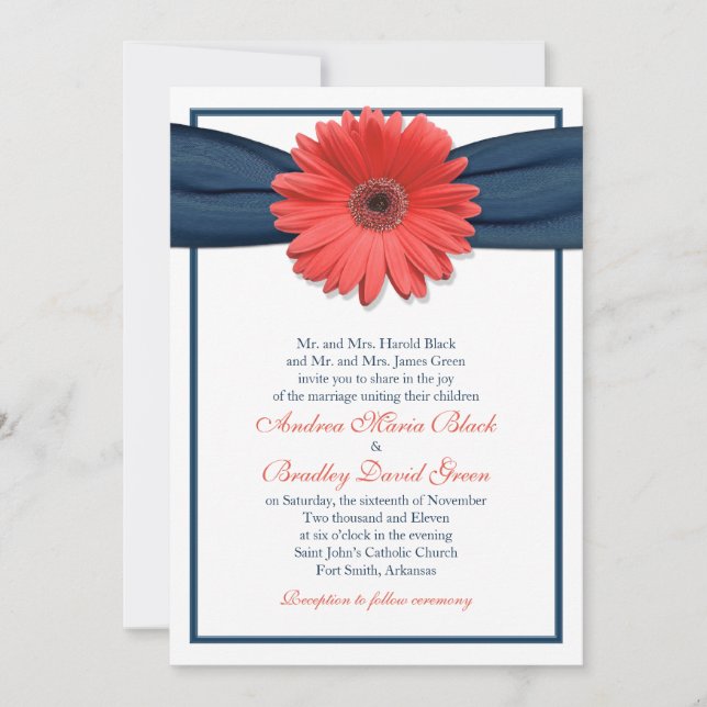 Coral Gerbera Daisy Navy Ribbon Wedding Invitation (Front)